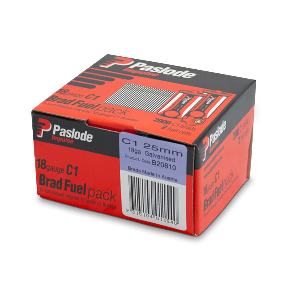 Paslode B20810 2000-Pack C1 25mm 18 Gauge Galvanised Brad Nails With Fuel