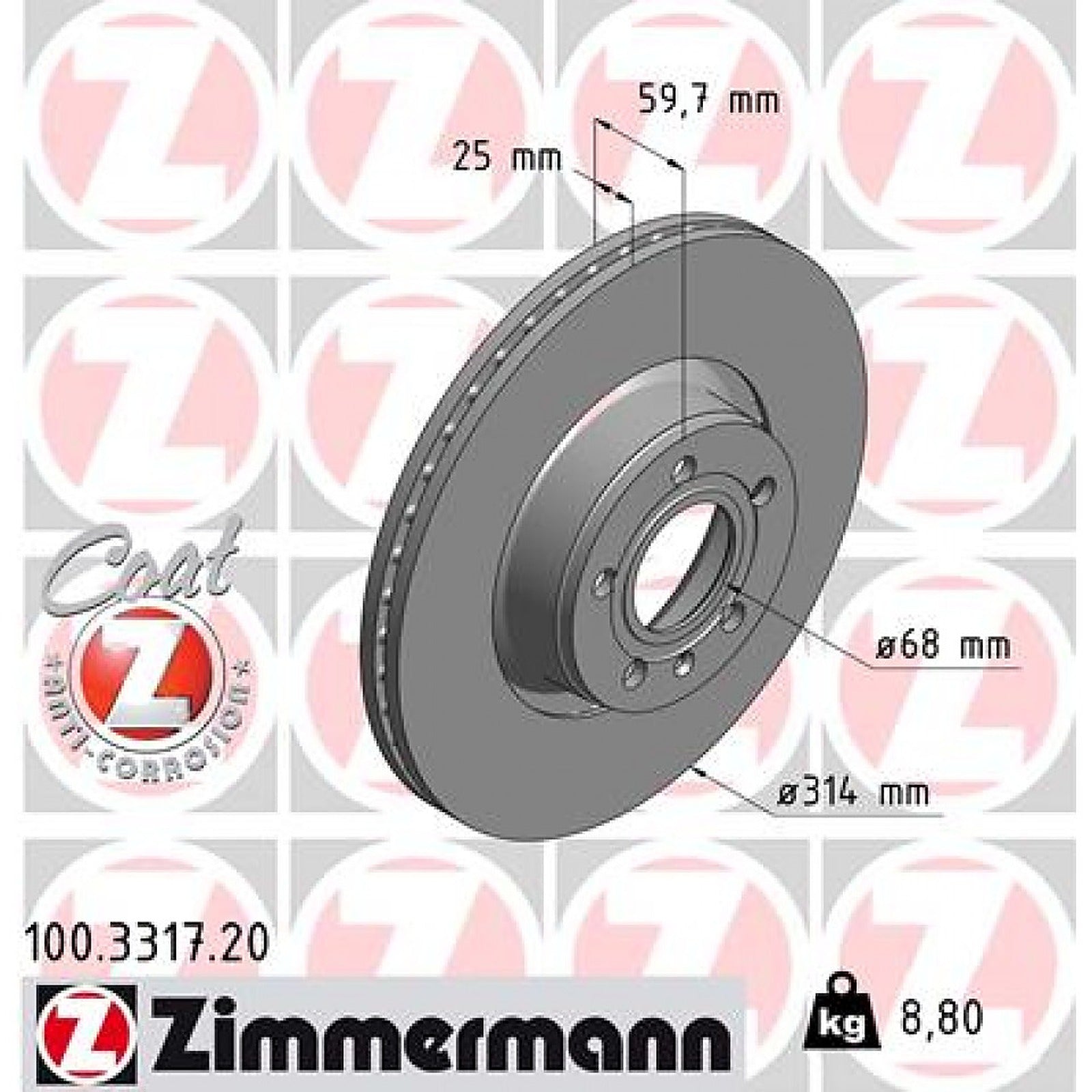 Zimmermann Front Brake Disc Rotor — Audi A6 C6 314mm Vented 100.3317.20