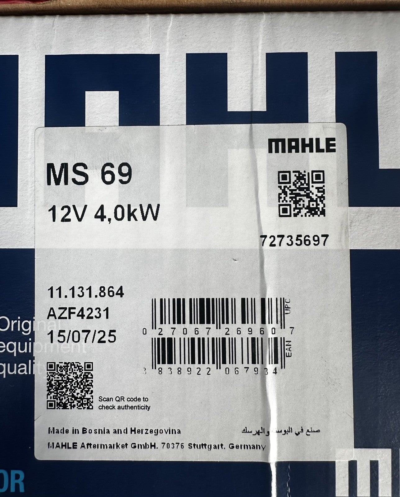 Mahle Starter Motor 12V 9 Tooth 4kW Clockwise AMMANN / BOMAG / DEUTZ-FAHR MS69