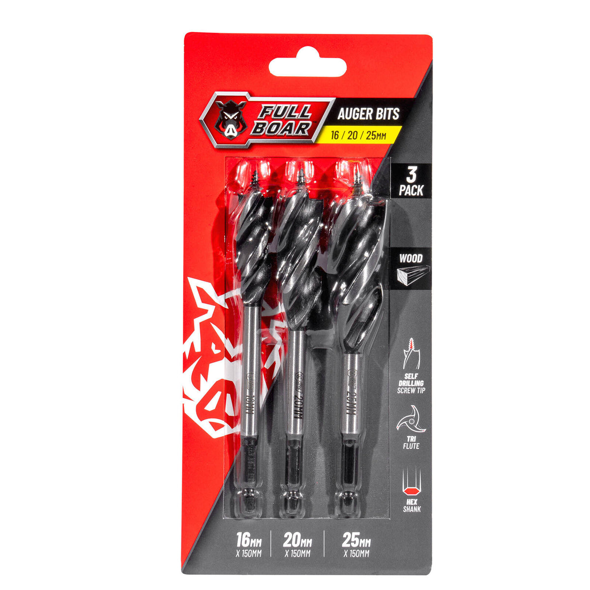 Full Boar 16 20 25mm Auger Bits FABS-3 - 3 Pack
