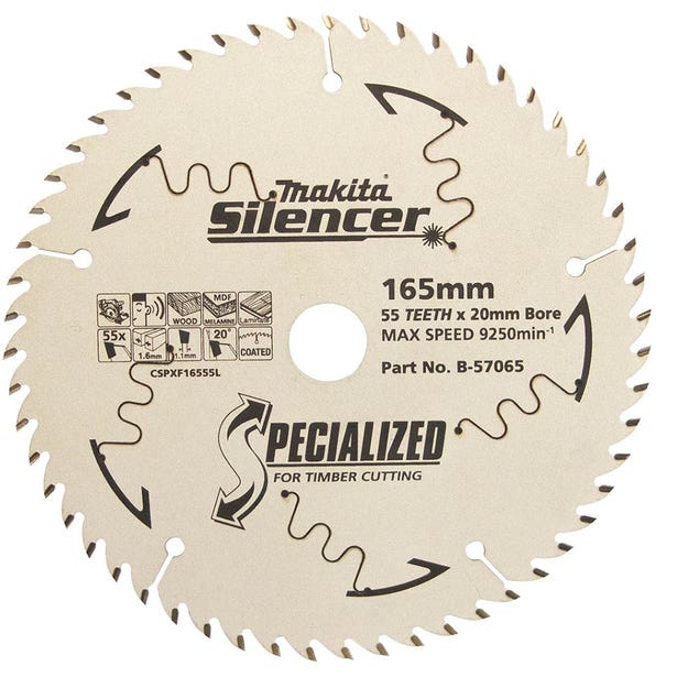 MAKITA 165mm 55T TCT Circular Saw Blade for Wood & Melamine Cutting - Plunge Saws - SPECIALIZED SILENCER