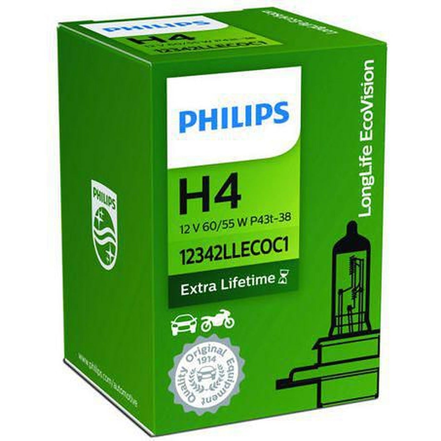 Philips H4 Headlight Bulb 12V 60/55W Long Life Ecco 1 Pce 12342LLECO