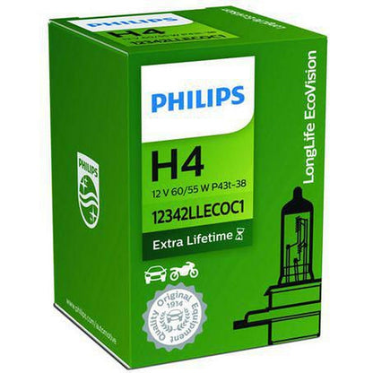 Philips H4 Headlight Bulb 12V 60/55W Long Life Ecco 1 Pce 12342LLECO