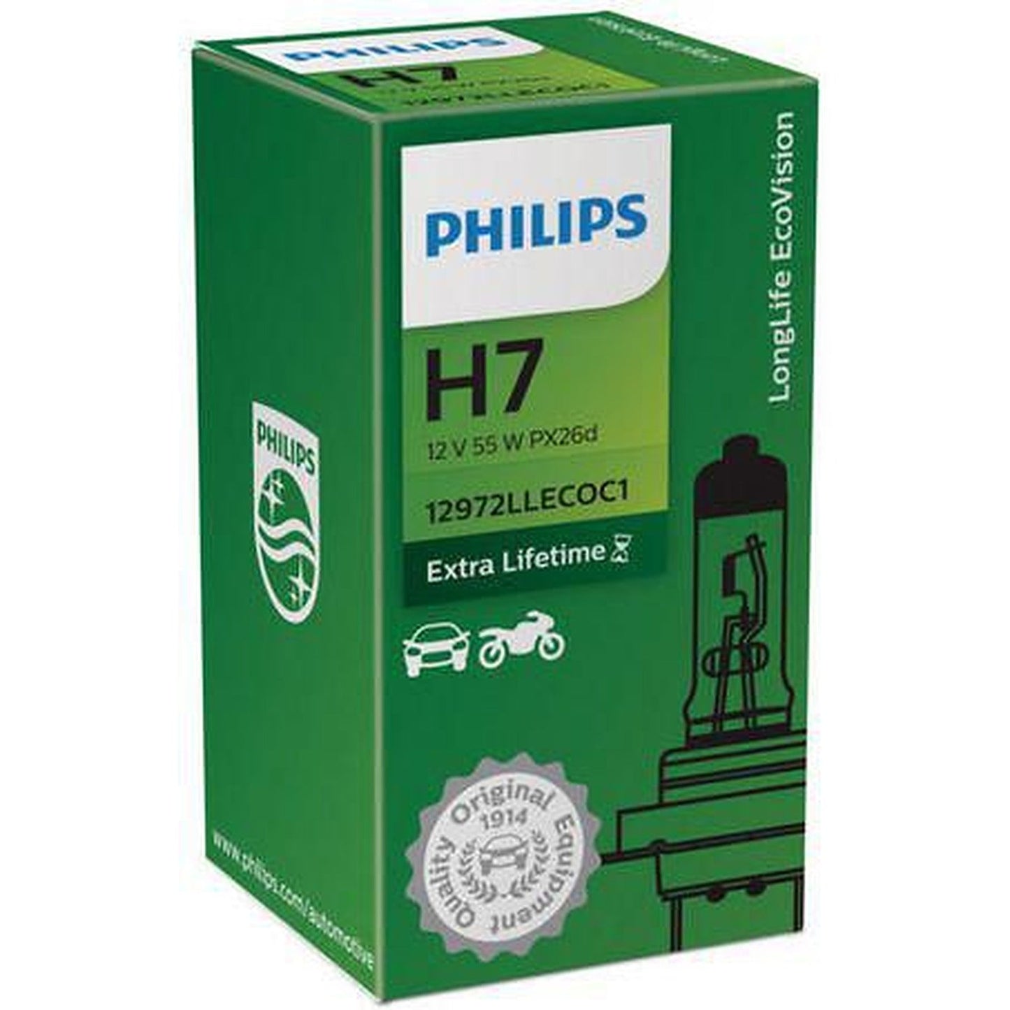 Philips H7 Headlight Bulb 12V 55W Long Life Ecovision 1 Pce 12972LLECO
