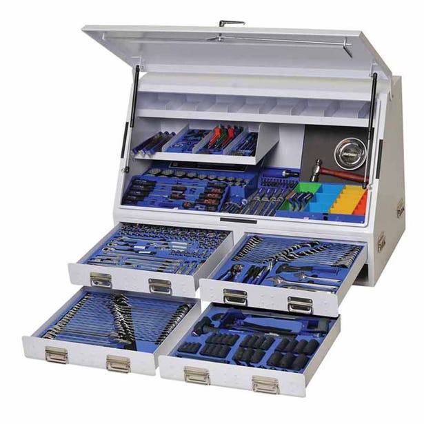 KINCROME 386 Piece 1/4, 3/8 And 1/2 Inch Drive Upright Truck Box Tool Kit White K1257W