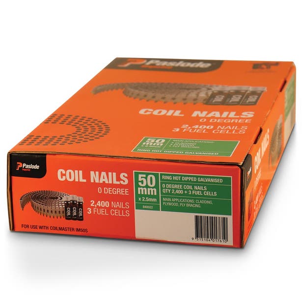 PASLODE 50mm Coil Nails & 3 Fuel Cells - 2400 Pack B40022