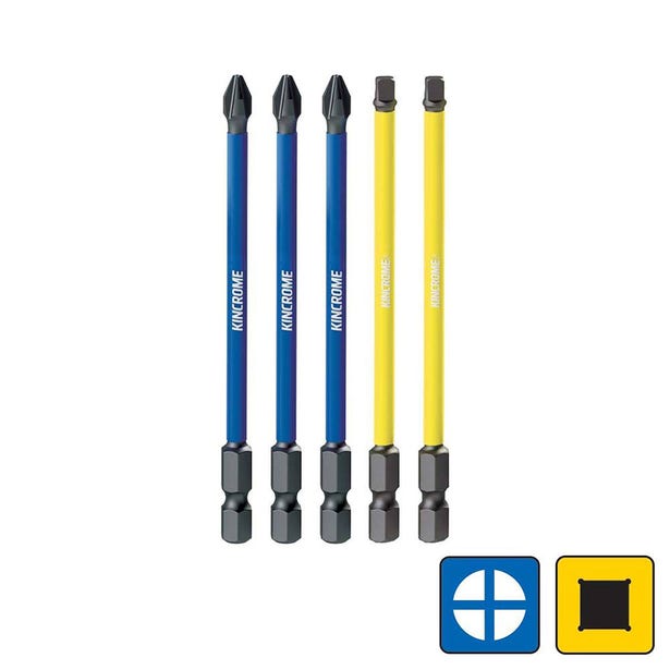 KINCROME 5 Piece 100mm Phillips & Square #2 Impact Bit Mixed Pack K21520