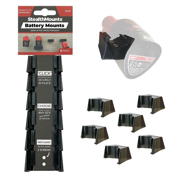STEALTHMOUNTS 6 Piece Mount Holder for Milwaukee M12 Battery Black BM-MW12-BLK-6