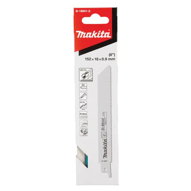 MAKITA 152mm 14TPI Bi-Metal Reciprocating Saw Blade for Metal Cutting - 2 Piece B-16841-2