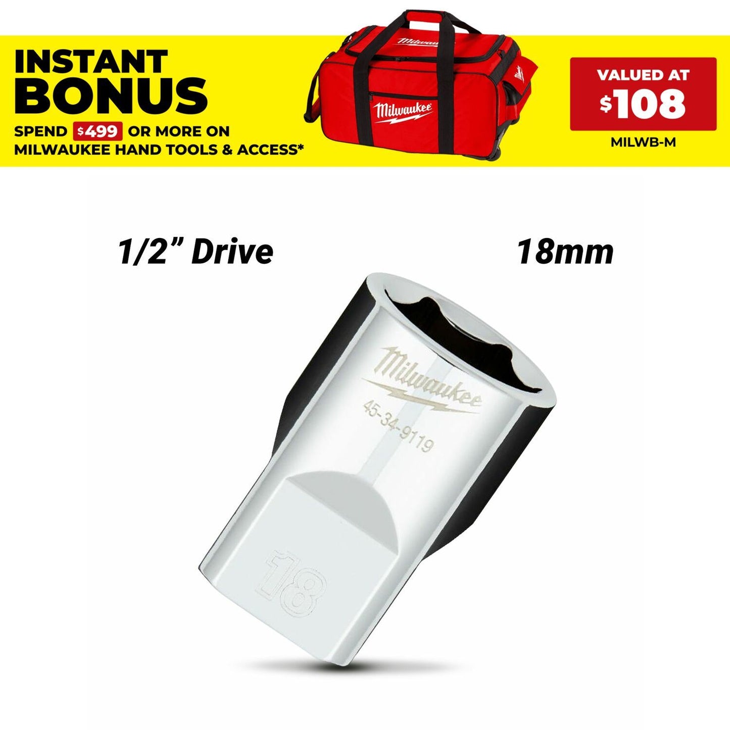 Milwaukee 45349119 1/2" Drive 18mm Metric 6 Point Socket