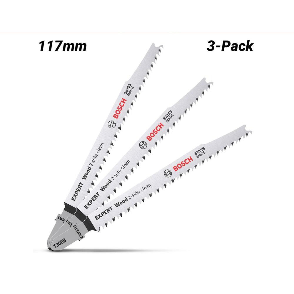 Bosch 2.608.900.550 EXPERT 3-Pack 117mm 12TPI T308B 2-Side Clean Wood Jigsaw Blades