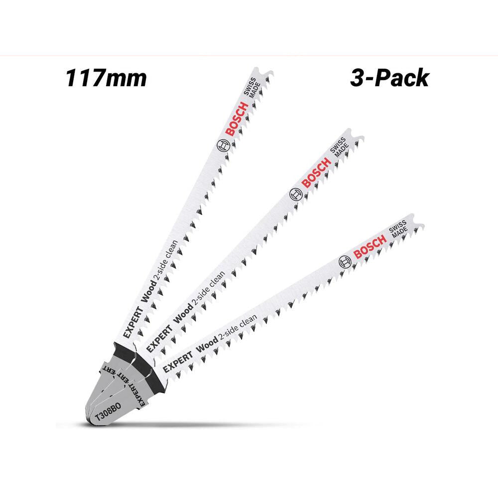Bosch 2.608.900.554 EXPERT 3-Pack 117mm 12TPI T308BO 2-Side Clean Wood Jigsaw Blades