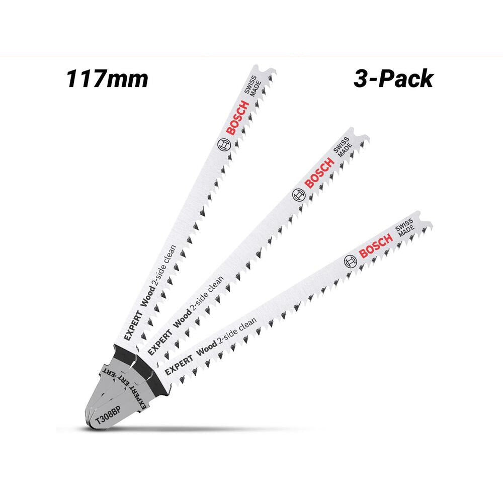 Bosch 2.608.900.557 EXPERT 3-Pack 117mm 12TPI T308BP 2-Side Clean Wood Jigsaw Blades