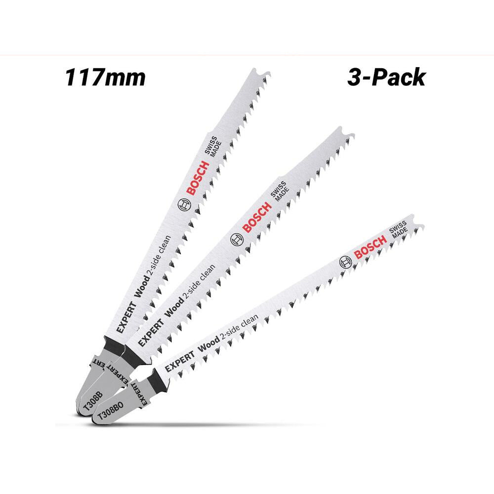 Bosch 2.608.900.559 EXPERT 3-Pack 117mm 12TPI T308B & T308BO 2-Side Clean Wood Jigsaw Blades