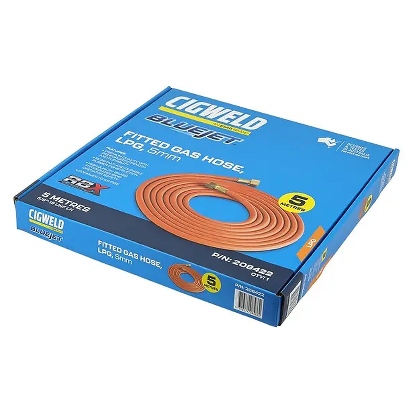Cigweld BlueJet RBX 5mm 5m 5/8-18 UNF LH Fitted LPG Gas Hose 208422