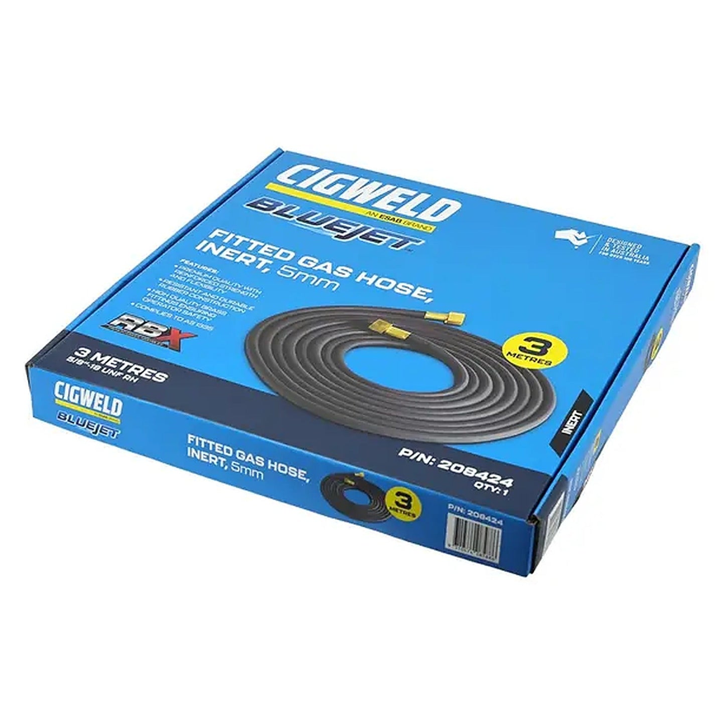 Cigweld BlueJet RBX 5mm 3m 5/8-18 UNF Female RH Fitted Inert Gas Hose 208424