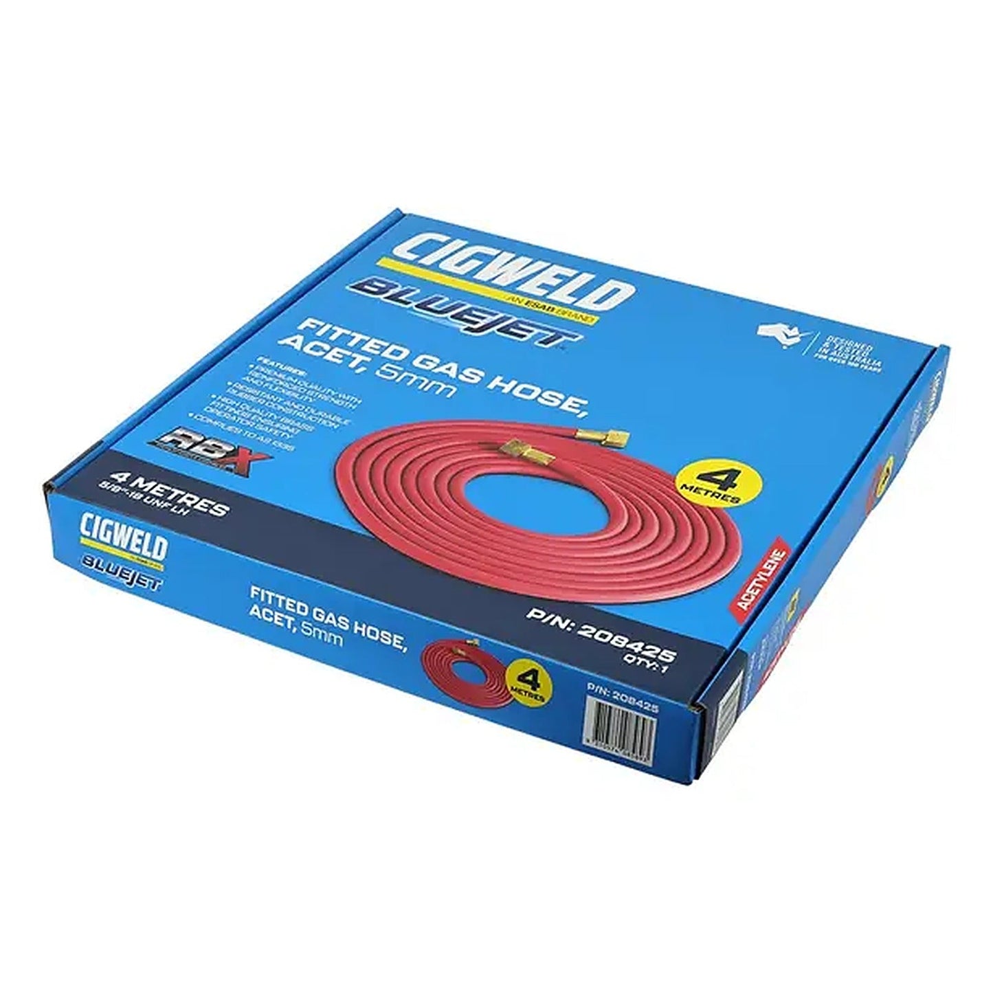 Cigweld BlueJet RBX 5mm 4m 5/8-18 UNF LH Fitted Acetylene Gas Hose 208425