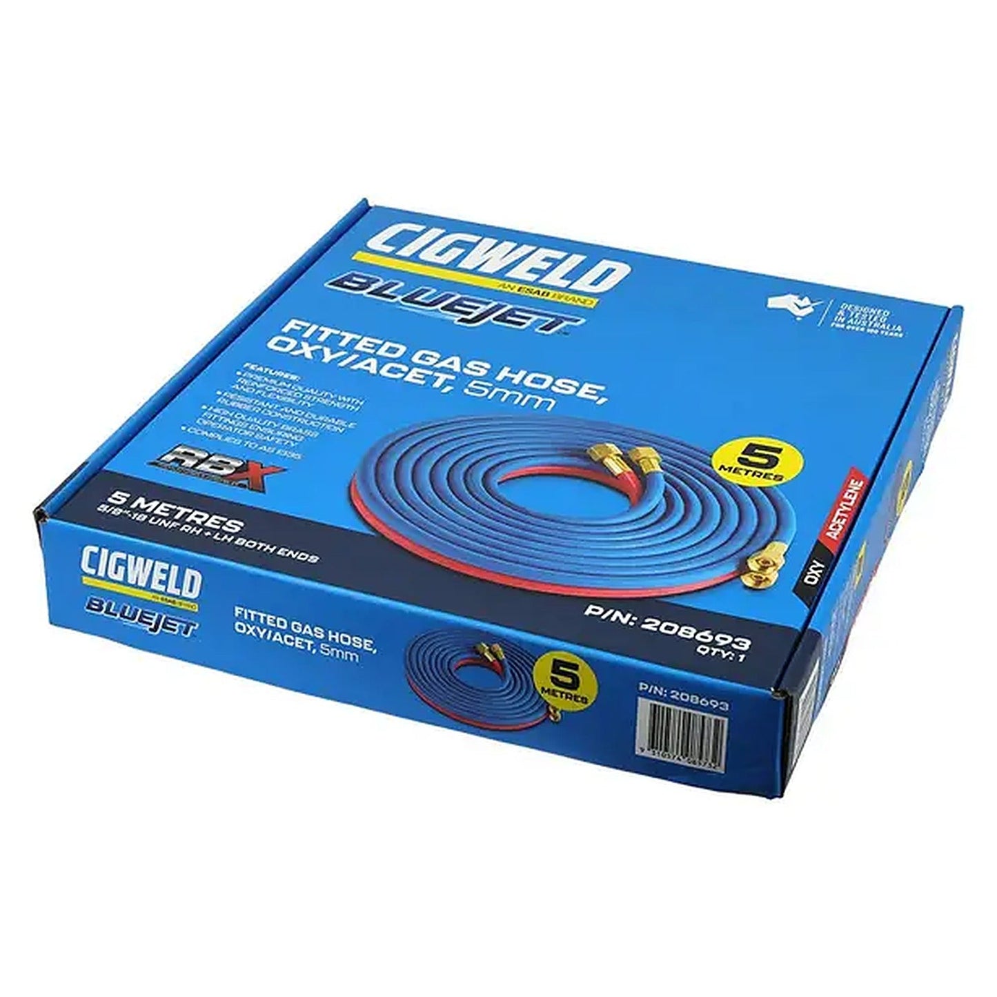 Cigweld BlueJet RBX 5mm 5m 5/8-18 UNF RH+LH Fitted Oxy/Acetylene Gas Hose 208693
