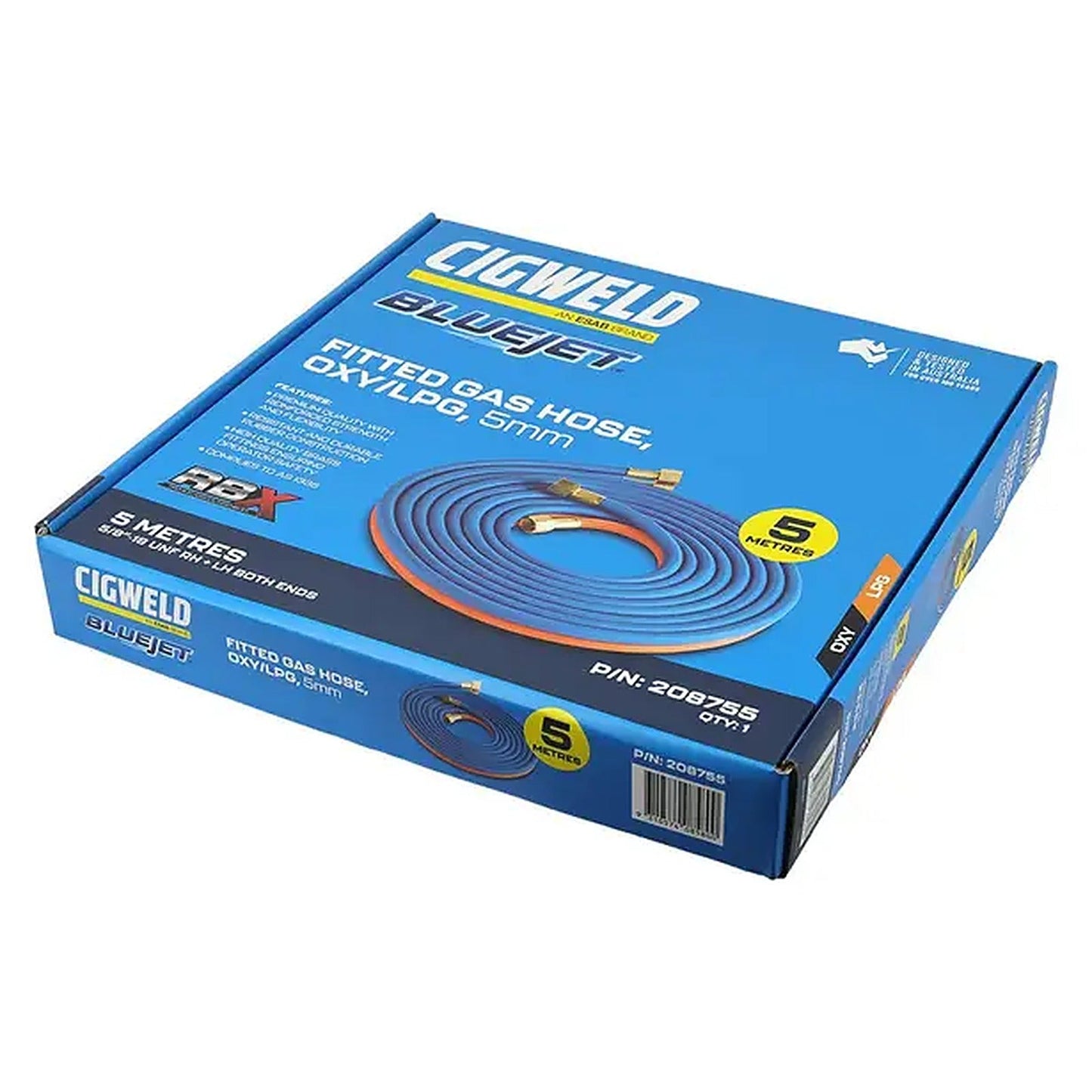 Cigweld BlueJet RBX 5mm 5m 5/8-18 UNF RH+LH Fitted Oxy/LPG Gas Hose 208755