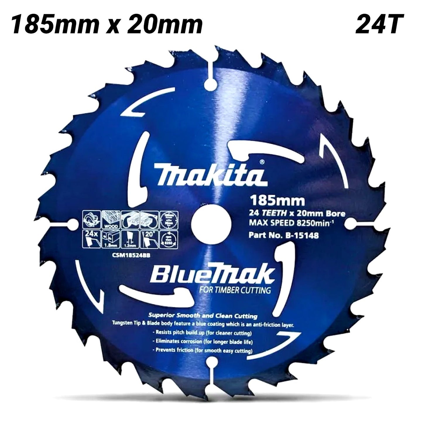 Makita B-15148 185mm x 20mm 24T BlueMak Circular Saw Blade For Wood Cutting