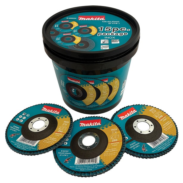 MAKITA 125mm Economy Zirconia Flap Disc Plastic Tub - 15 Piece D-82024