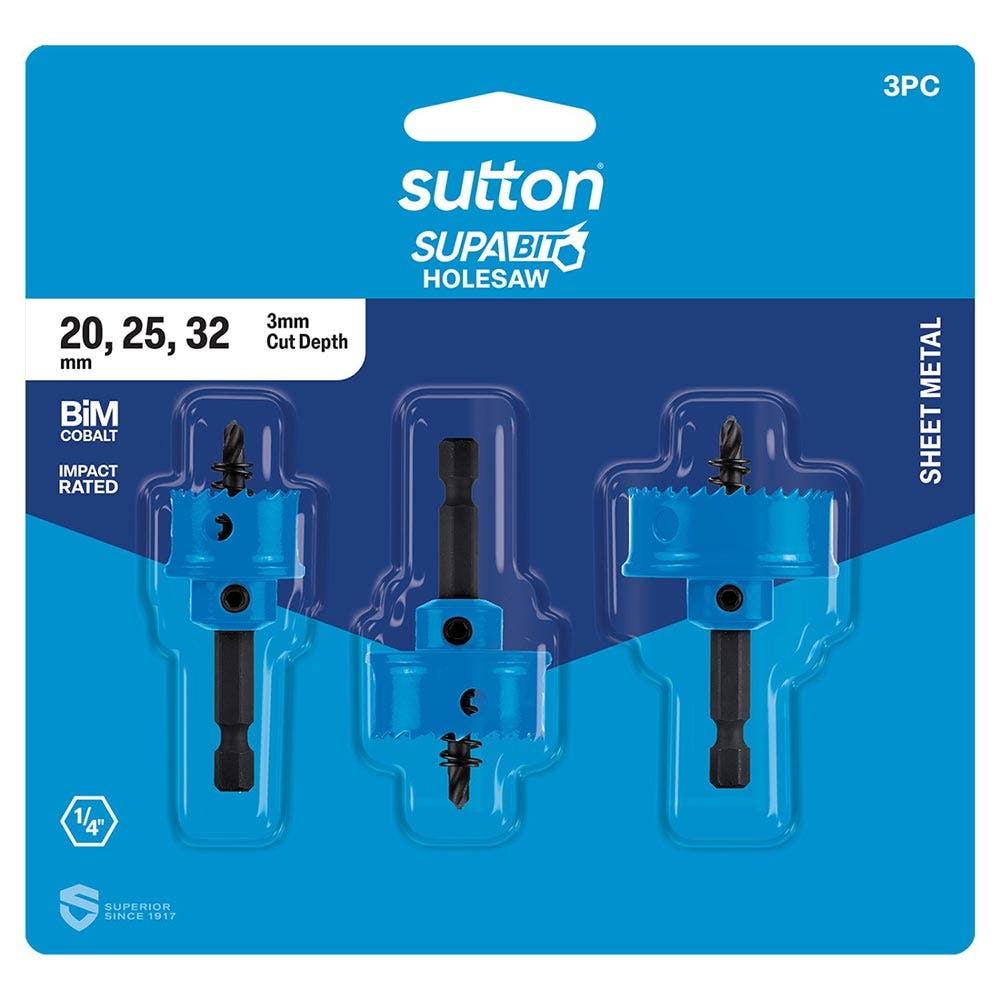 SUTTON 20/25/32mm 1/4-Hx Impact Bi-Metal Sheetmetal Holesaw - 3 Piece Set H119S03A