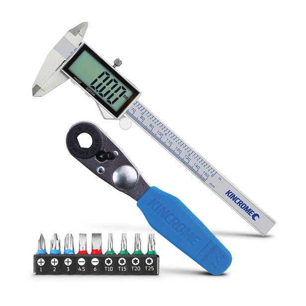 KINCROME 150mm Digital Caliper & Bonus 10 Piece Ratchet Bit Set K11105B
