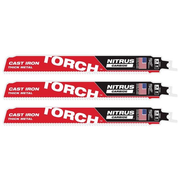MILWAUKEE 3 Piece 230mm 9" 8TPI SAWZALL The TORCH with NITRUS CARBIDE Teeth Blade 48475362