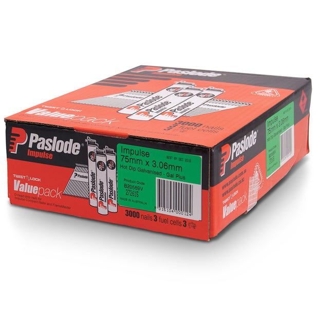 PASLODE Box of 3000 75mm Galvanised Framing Nails & 3 Fuel Cell Pack B20569V