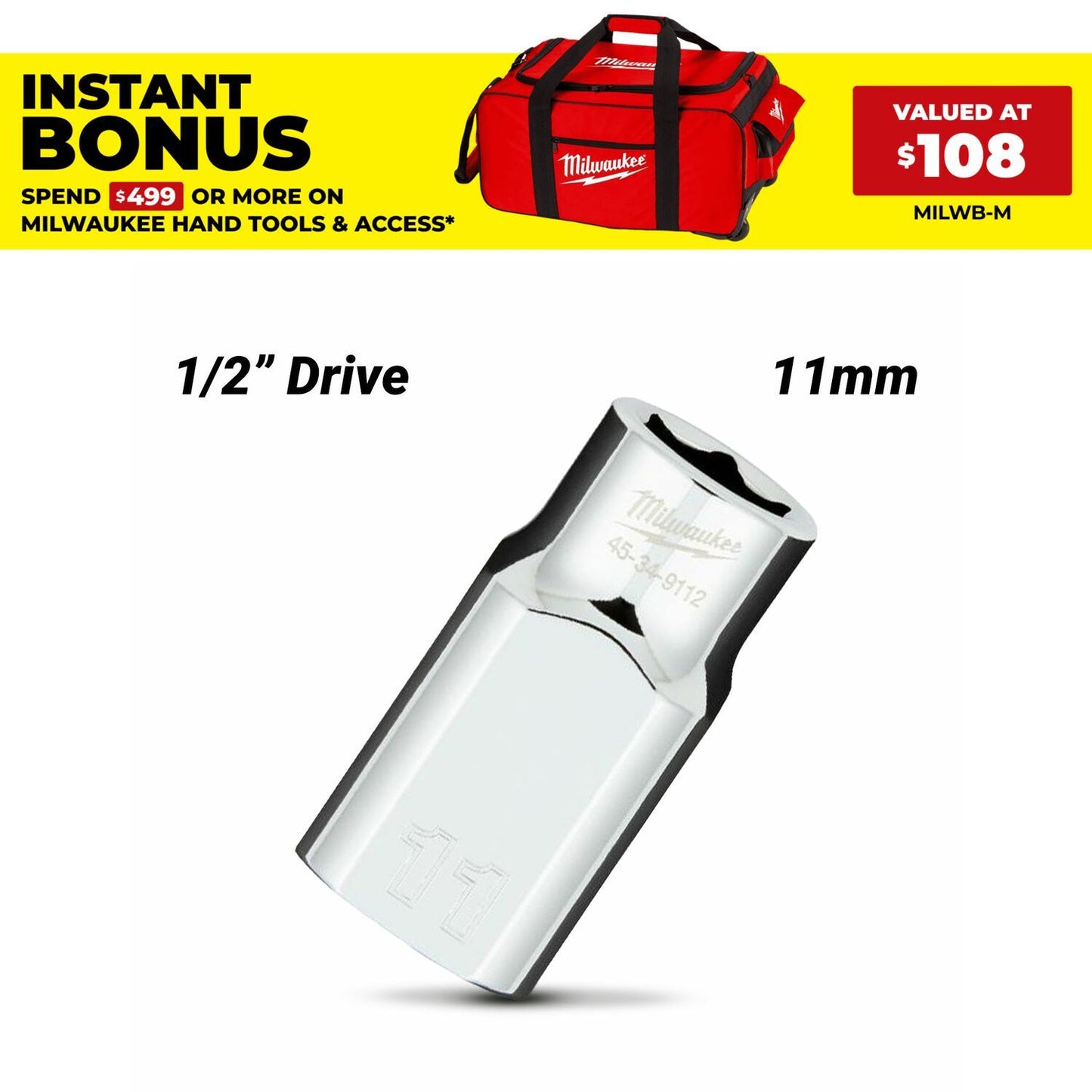 Milwaukee 45349112 1/2" Drive 11mm Metric 6 Point Socket