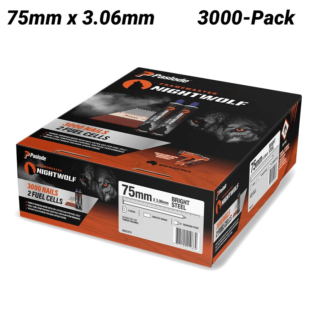 Paslode NW547V 3000-Pack 75mm x 3.06mm Bright Steel Framemaster Nightwolf D-Head Nails