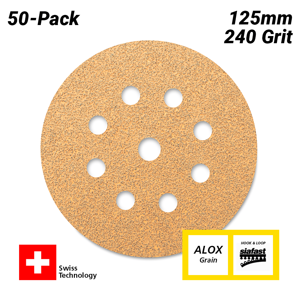 Sia Abrasives F03E02DD3A 50-Pack 125mm 240 Grit Universal 9-Hole Hook & Loop Sanding Disc