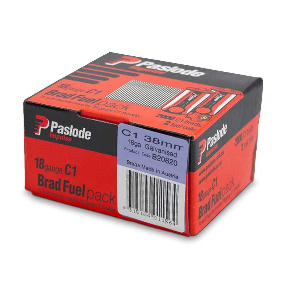 Paslode B20820 2000-Pack C1 38mm 18 Gauge Galvanised Brad Nails With Fuel