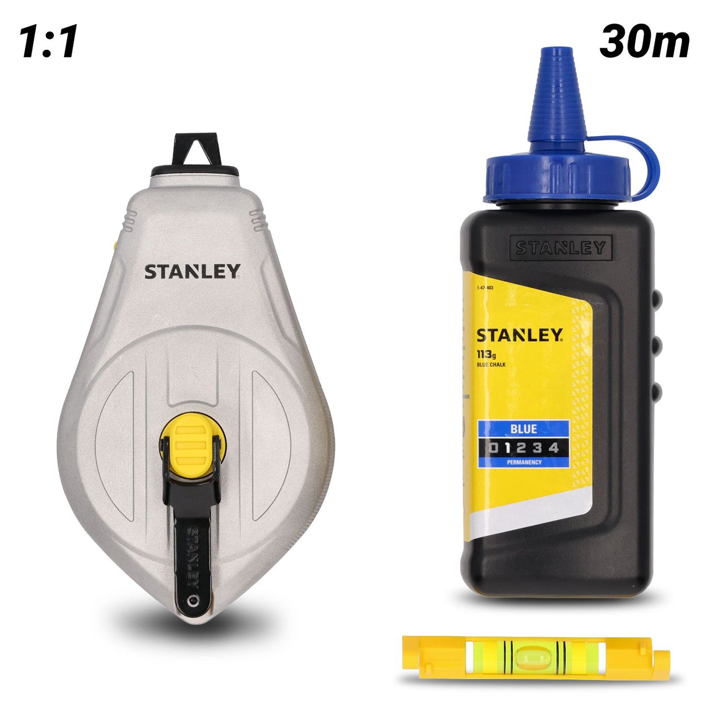 Stanley STHT47111-0 30m 1:1 Aluminium Chalk Reel with Blue Chalk & Level Kit