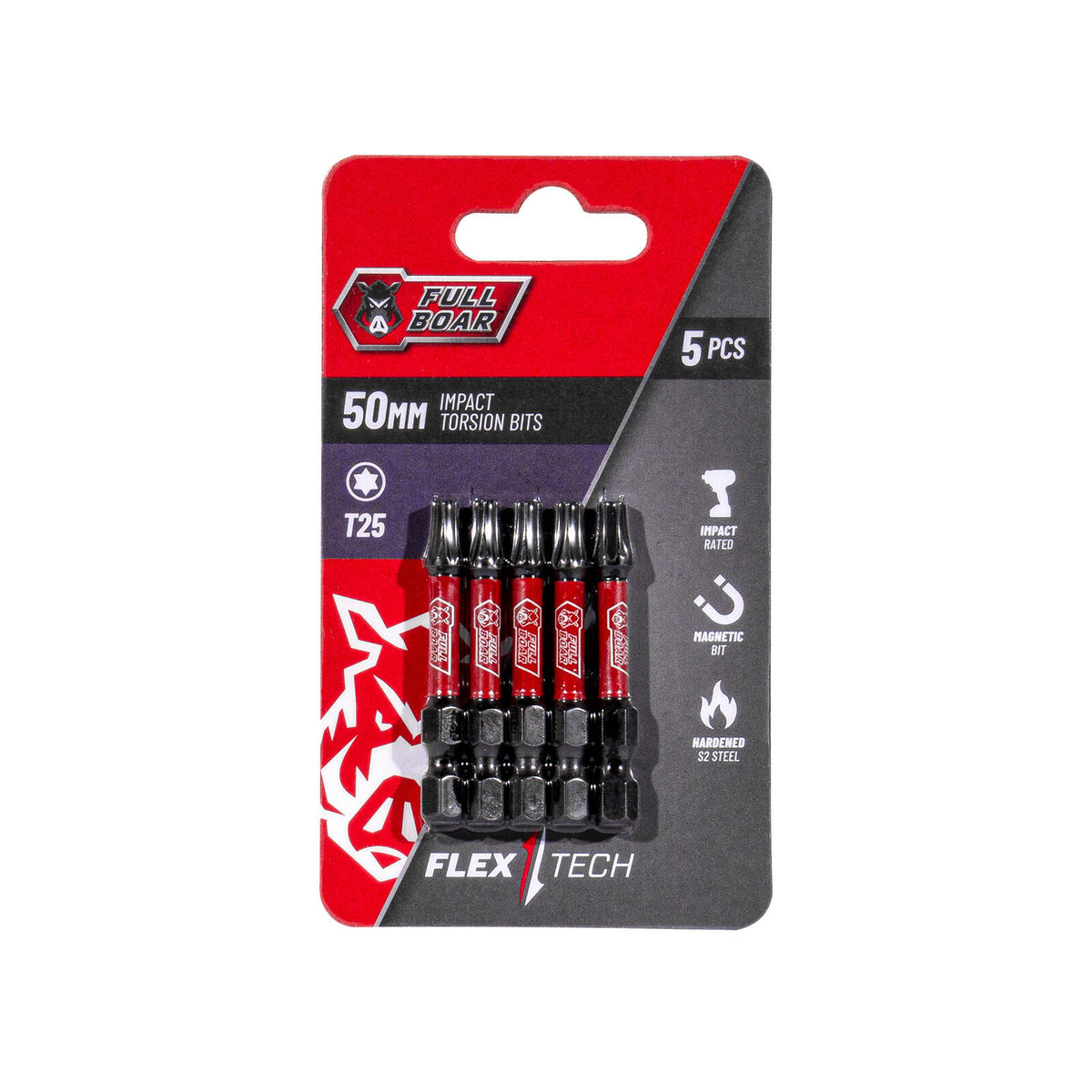 Full Boar T25 x 50mm Impact Torsion Bits Set - 5 Pack