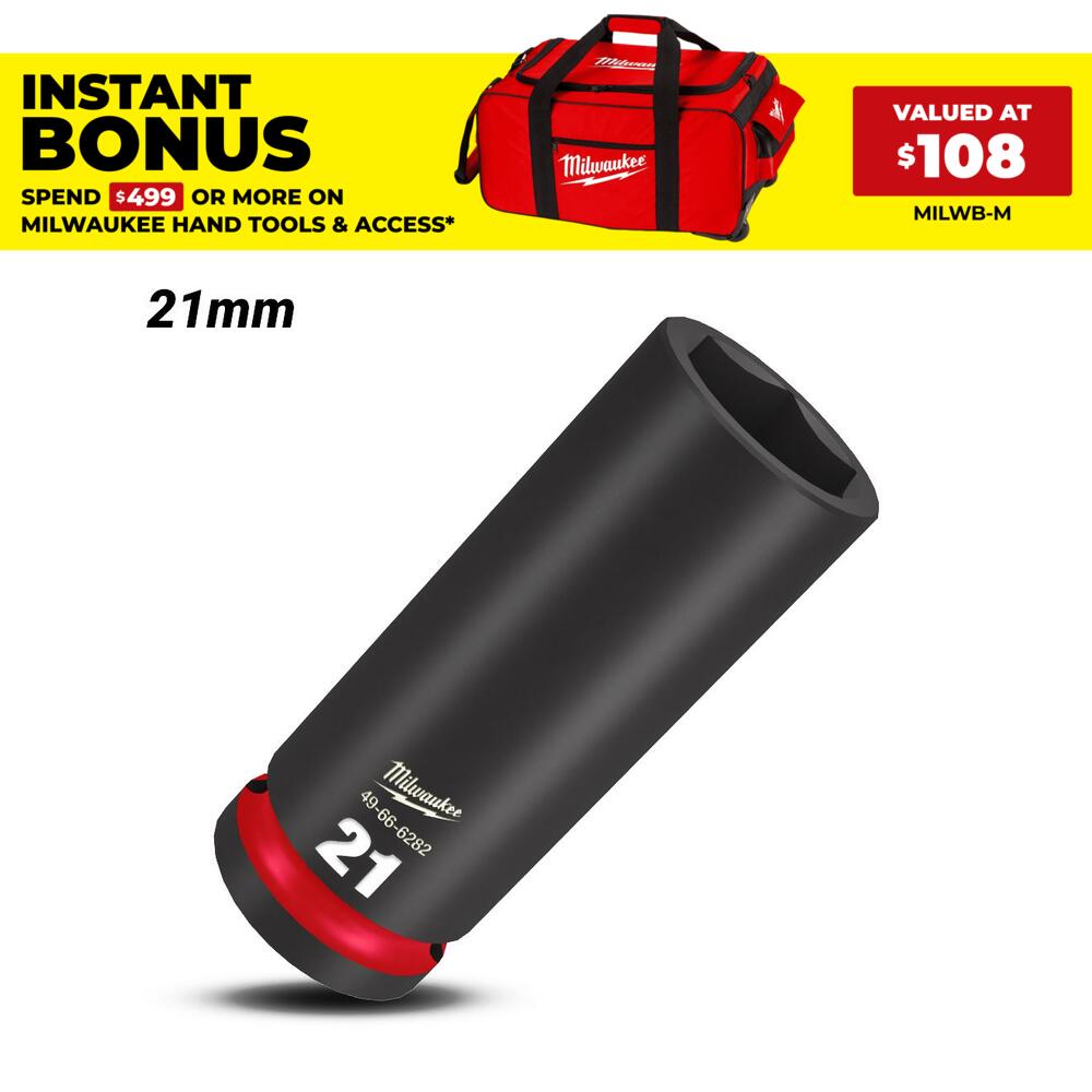 Milwaukee 49666282 1/2" Drive 21mm Metric Shockwave 6 Point Deep Impact Socket