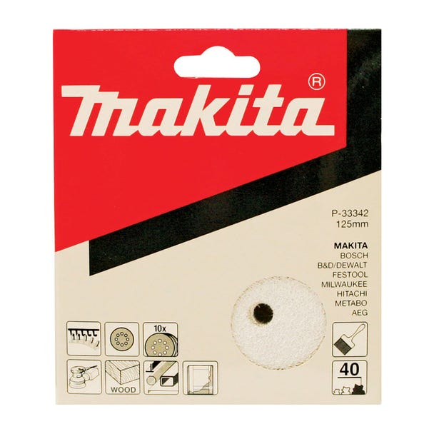 MAKITA 125mm 40G 8-Hole Hook & Loop Sanding Disc for Paint - 10 Piece P-33342