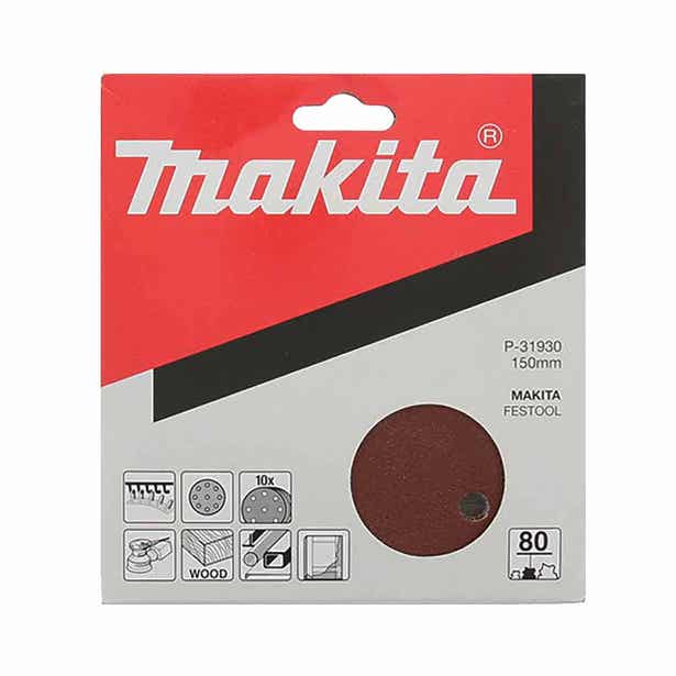 MAKITA 150mm 80G 8+1Hole Hook & Loop Sanding Disc for Wood - 10 Piece P-31930