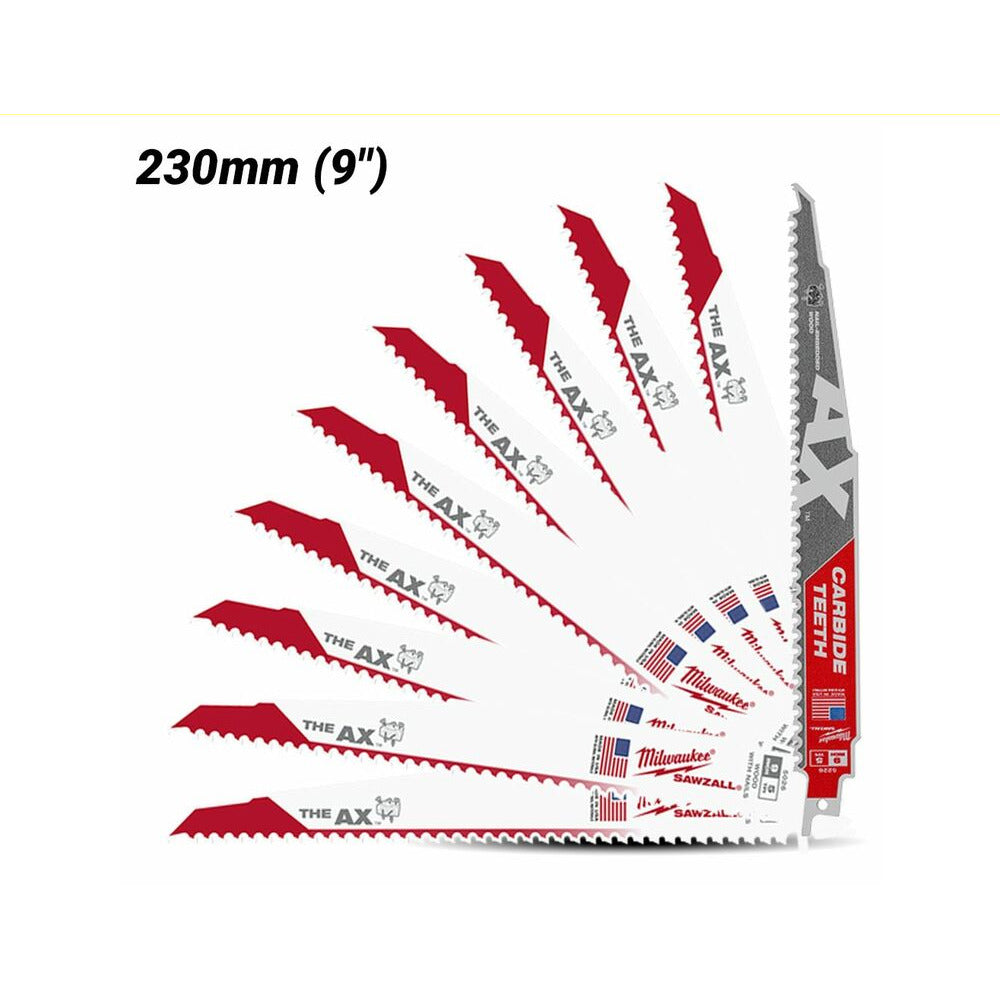 Milwaukee 48001026 10 x The Ax™ SAWZALL® 230mm (9") 5TPI Reciprocating Saw Blades + 1 x BONUS The AX™ with Carbide Teeth 230mm 9" 5TPI Blade