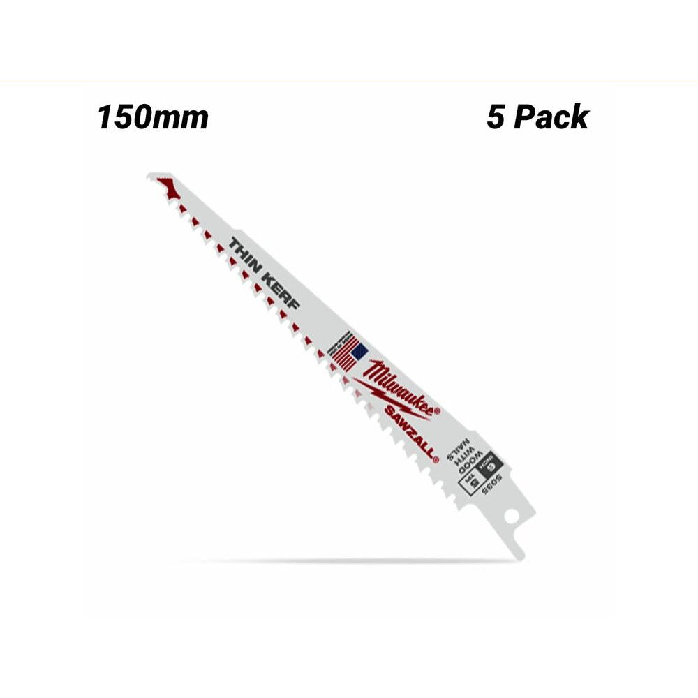 Milwaukee 48005035 5-Pack 150mm 6" 5TPI Thin Kerf Wood SAWZALL Blades