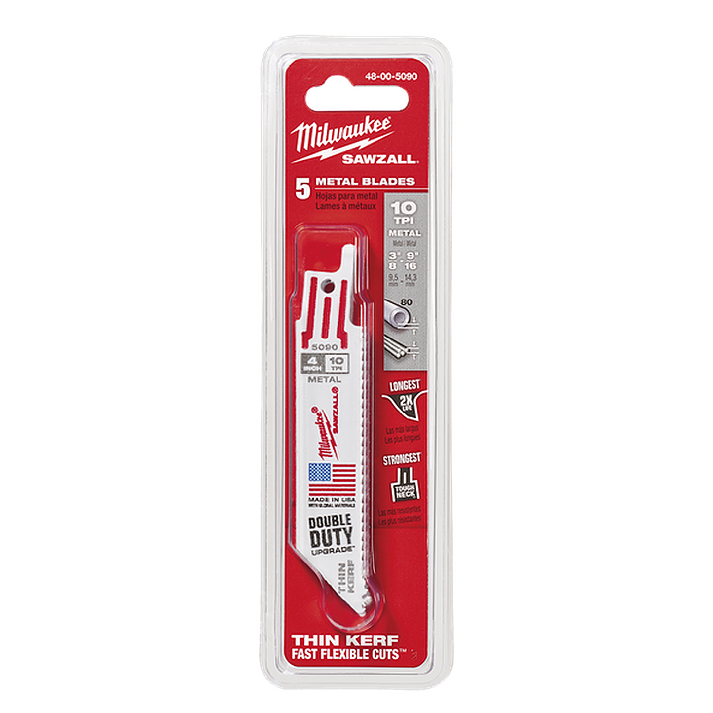 Milwaukee SAWZALL Thin Kerf Metal 100mm 3-15/16in 10TPI Blade 5 Pack 48005090