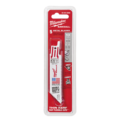 Milwaukee SAWZALL Thin Kerf Metal 100mm 3-15/16in 10TPI Blade 5 Pack 48005090