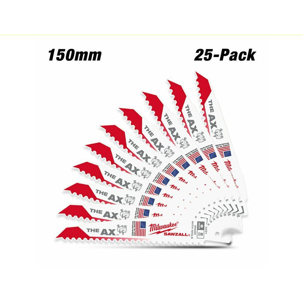 Milwaukee 48008021 25-Pack 150mm (6") 5TPI The AX SAWZALL Reciprocating Blades