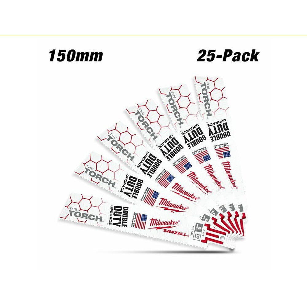 Milwaukee 48008712 25-Pack 150mm (6") 10TPI The Torch SAWZALL Metal Demolition Reciprocating Blades