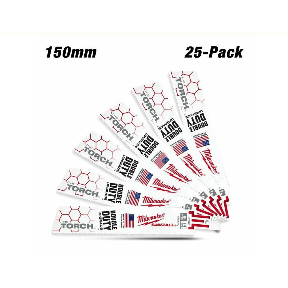 Milwaukee 48008782 25-Pack 150mm (6") 14TPI The Torch SAWZALL Metal Demolition Reciprocating Blades
