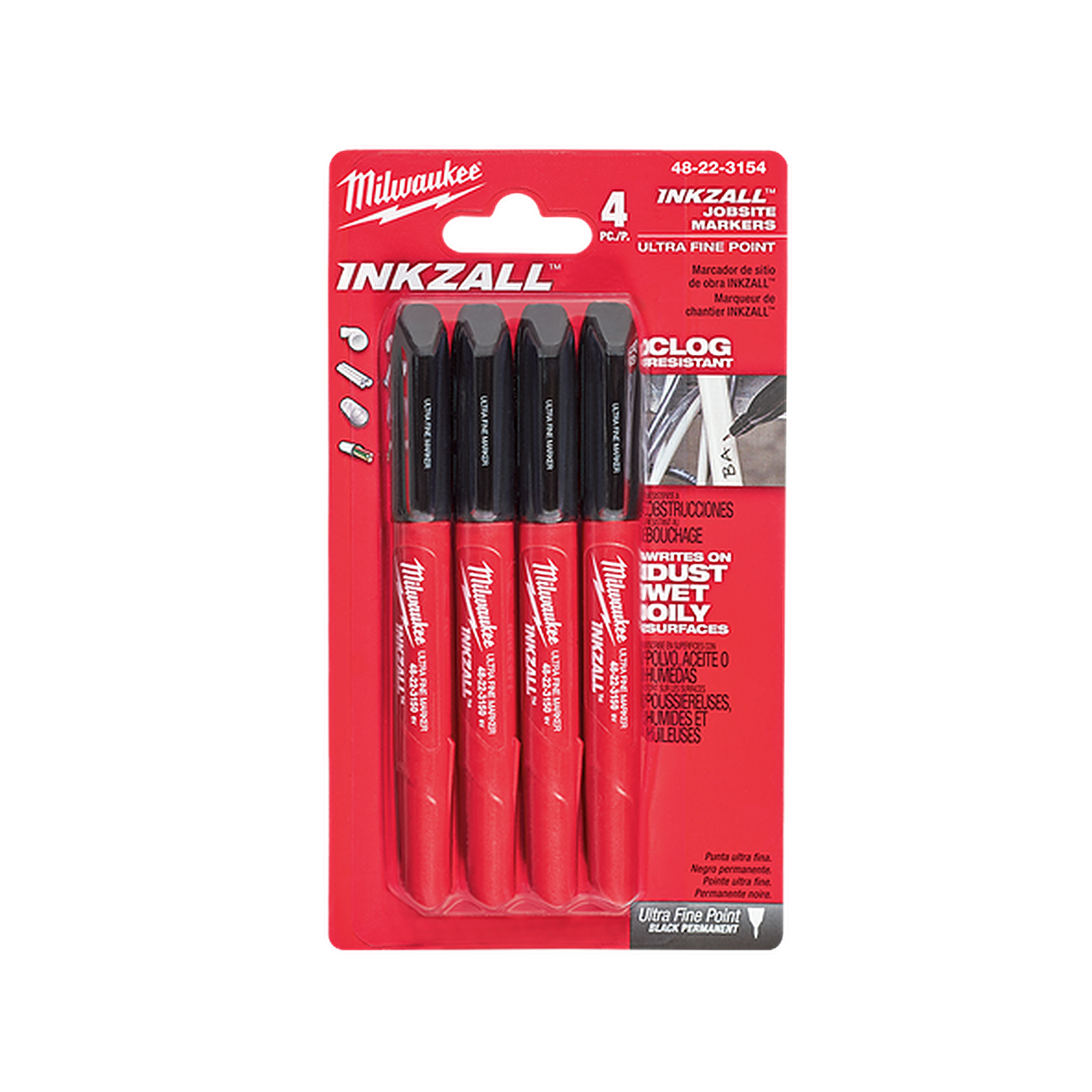 Milwaukee INKZALL Black Ultra Fine Point Markers 4 Pack 48223154