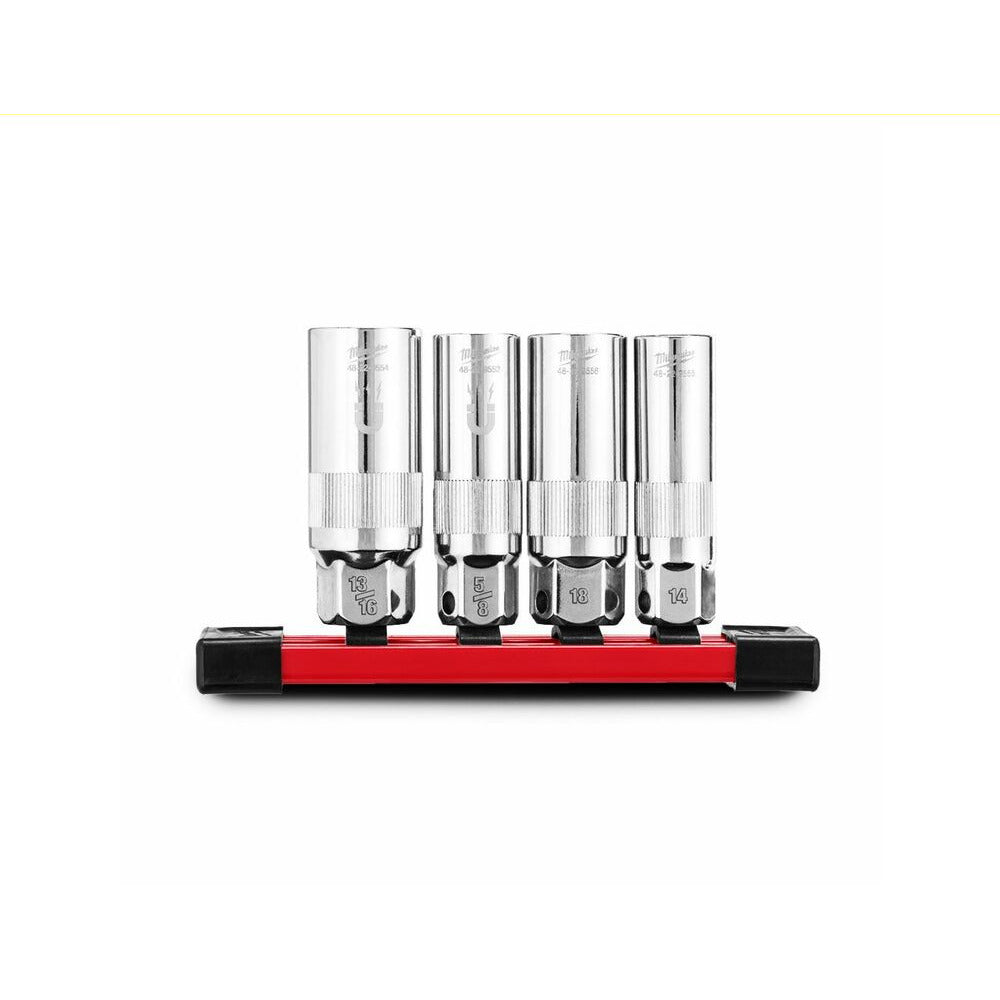 Milwaukee 48229195 4pce 3/8'' Drive Spark Plug Socket Set on Rail