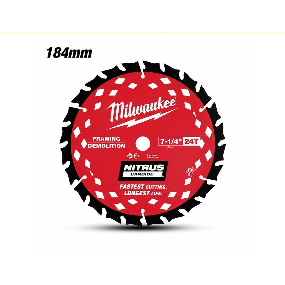 Milwaukee 48400790 184mm (7-1/4") 24T NITRUS CARBIDE™ Circular Saw Blade - Demolition/Framing