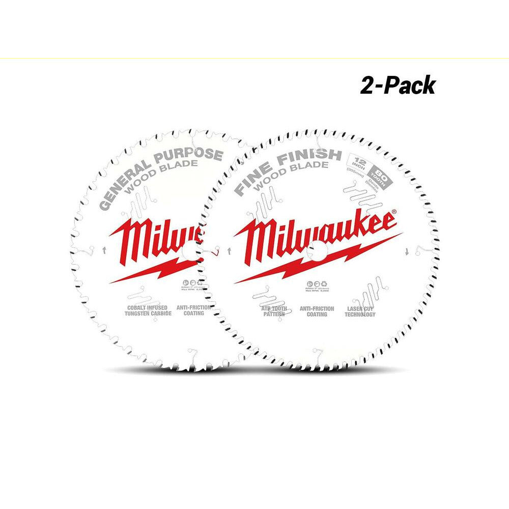 Milwaukee 48408232 2-Pack 305mm (12") 44-Tooth General Purpose & 80-Tooth Fine Finish Saw Blades
