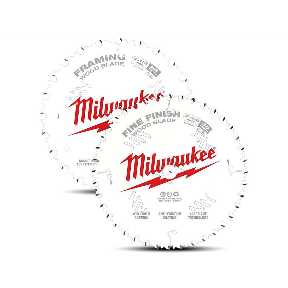 Milwaukee 48418732 2pce 184mm (7-1/4") 24-Tooth Framing & 40-Tooth Fine Finish Wood Circular Saw Blades Set